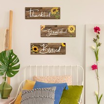 3 Pcs Sunflower Gifts Farmhouse Wall Decor Thankful Grateful Blessed Wooden Sign - £27.17 GBP