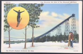 Linen Pine Mountain Ski Slide at Iron Mountain Michigan Postcard Highest Slide - £6.75 GBP