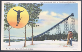 Linen Pine Mountain Ski Slide at Iron Mountain Michigan Postcard Highest Slide - $8.59