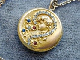FAB Victorian Art Nouveau GF Locket Necklace Jeweled Woman 19&quot; 4 Leaf Cl... - $295.00