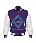 Men Purple Varsity Letterman Wool  College Jacket with Real Leather Sleeves - $127.18 CAD