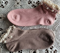 Two (2) Pair ~ Mauve &amp; Brown ~ Handcrafted ~ Embellished w/Pearls ~ Ankle Socks - £11.95 GBP