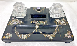 Victorian Lacquerware w Abalone Shell Double Inkwell Stand Floral Garlan... - $94.05