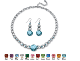 Round Simulated Birthstone December Blue Topaz Necklace Drop Earrings Silvertone - £78.65 GBP