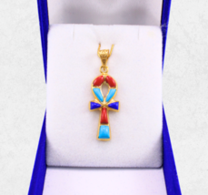 Egyptian colorful Ankh Cross Key of Life 18k gold necklace handmade pendant 2 gr - $319.82+