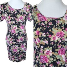 Vintage 90s Black Pink Floral Casual Dress Roses Size 6 8 Rayon Knee Length - £31.01 GBP