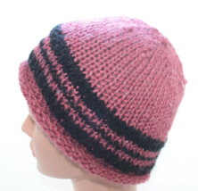 Women&#39;s Dark Pink/Black Handmade Crochet Beanie Hat ~One Size~ - £5.33 GBP