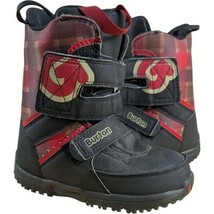Burton Youth Grom Snowboard Boots Black Red Plaid Youth Size 2 Snowboarding - $75.02 CAD