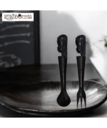 Tribal set of spoon and fork in teak wood hand carved depicting f - $476.86 MXN