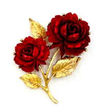Vintage Gold Tone Carved Double Red Rose Brooch Pin - £19.03 GBP