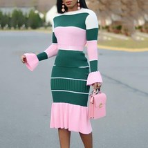 Autumn Patchwork Long Sleeve O Neck Sweater Midi Skirt And Top Set - £39.92 GBP