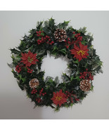 17&quot; Vintage Wreath Door Hanging Plastic Christmas Pinecones Poinsettias ... - £36.47 GBP