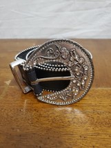Chico&#39;s Black Leather Belt Rhinestone Studded Embossed Buckle Women&#39;s Me... - $311.02 MXN