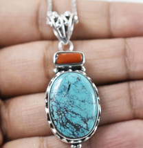 925 Argent Solide Naturel Turquoise &amp; Corail Pendentif Collier Femme PS-2535 - £60.73 GBP