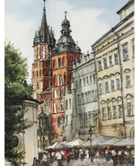 Old Town Painting Watercolour Architecture European Urban Cityscape Art ... - £226.73 GBP