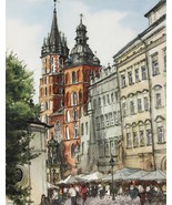 Old Town Painting Watercolour Architecture European Urban Cityscape Art ... - £217.92 GBP