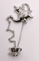 Avon Vintage Silver Tone Teapot Pouring Stick Pin Tea Party Pouring Tea Cup - £11.94 GBP