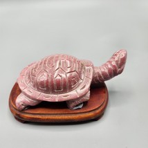 Pink Hand Carved Turtle Figurine on Wood Base 5&quot; Stone Statue Aventurine? Vtg - £76.51 GBP