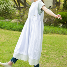 Lace Shirring Linen Apron Dress - £60.64 GBP