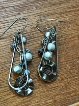 Estate Long Open Silvertone Teardrop with Shades of Gray Tiny Beads on C... - $13.99