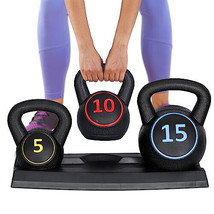 F2C 3-Piece Kettlebell Set with Storage Rack 5lb, 10lb, 15lb Weights HDP... - $77.39