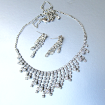 Vintage Dressy Silver Tone Rhinestone Bib Necklace &amp; Dangle Earrings Set - $18.80