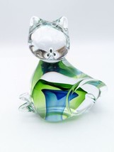 Art Glass Blue and Green Cat Figurine Curling Tail  Paperweight - $51.09