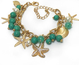 Gold Tone Starfish Seashell Coastal Beach Nautical Charm Bracelet - £11.79 GBP