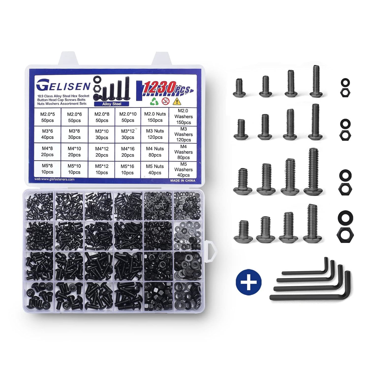Gelisen 1230Pcs M2 M3 M4 M5 Silver Hex Socket Button Head Screws Nuts Wa... - $31.98