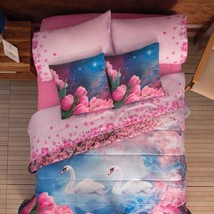 SWANS &amp; FLOWERS REVERSIBLE BEDSPREAD SET SHEET SET AND CURTAINS 11 PCS F... - £154.30 GBP