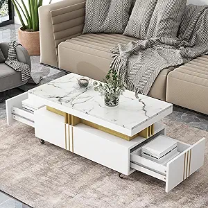 Coffee Table,39&quot; Wide Contemporary Center Table With Gold Metal Bars &amp; F... - $453.99