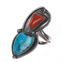 sz7 vintage Native American silver, turquoise, and coral rope edge ring - $94.05