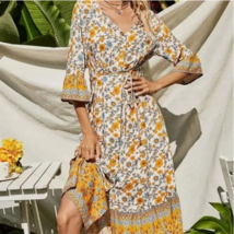 NWT! Trendy Boho Style Half Sleeve Ruffled Bottom V Neck Dress Gypsy Hippie 90s - £22.12 GBP