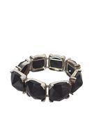 Chunky Black Gemstone Bracelet Silver Metal Elastic Band Silver Tone Sta... - $363.44 MXN