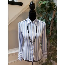 Mango Button Down Shirt Women&#39;s 2XS Blue White Striped Long Sleeve Collared - $24.75