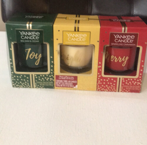 Yankee Candle Set Of 3 Holiday Gift Set Joy Bright Merry Cinnamon Cedar Balsam - $39.82