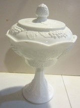 Vintage Indiana Milk Glass Pedestal Compote Dish w Lid Colonial Harvest Grapes - £20.88 GBP