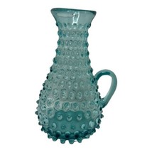Hobnail Pitcher Aqua Blue Art Glass LOW HANDLE Vase Vintage Handblown - $53.30