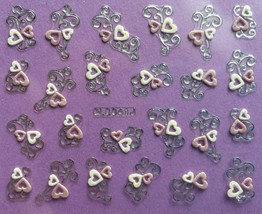 Nail Art 3D Decal Stickers White &amp; Pink Hearts Silver Accents BLE341J - £2.34 GBP