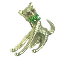 Vintage Cat Pin Christmas Green Bow Red Eyes Signed Gerry&#39;s Moving Head - £9.40 GBP