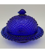 Vintage Fenton L G Wright Cobalt Blue Glass Sea Shell Hobnail Covered Ca... - $54.14 CAD