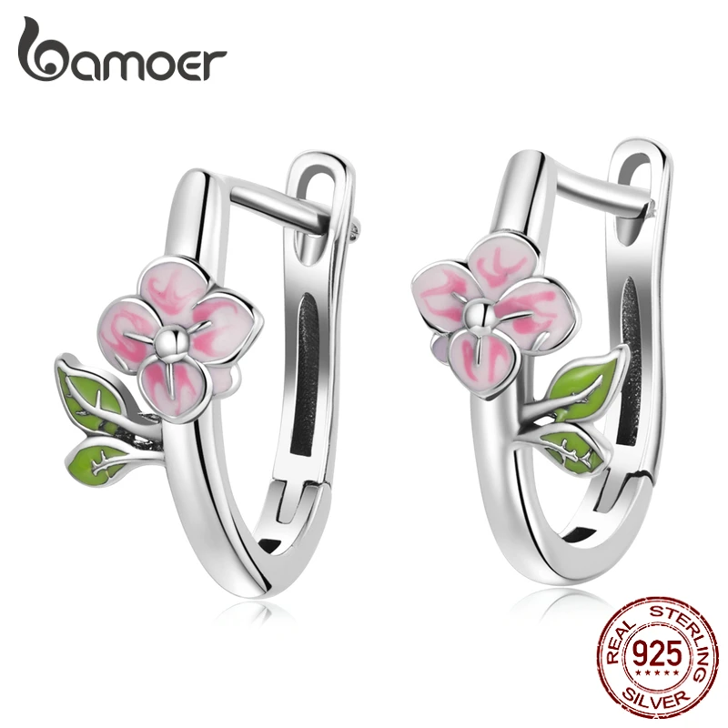 925 Sterling Silver Spring Pink Cherry Blossom Ear Buckle Round Hoop Earrings fo - £21.03 GBP