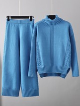 IEQJ 2 Pieces  Sweater Set neck Long Sleeve Solid Top+high Waist Leg Pants Suit  - £85.46 GBP