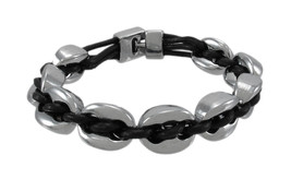 Zeckos Black Leather And Chrome Marine Link Bracelet 7 Inch - £11.13 GBP
