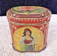 Victorian Floral &amp; Woman Pink Rose Hinged Tin Cannister Box 2.5 x 2.5 x 1 3/4 In - £22.97 GBP
