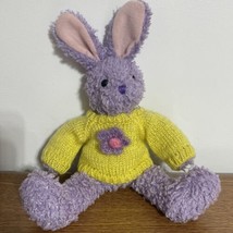 Gund Fuzzy Purple Bunny 10&quot; Plush Stuffed Toy Yellow Knit Sweater Flower Front - £7.04 GBP