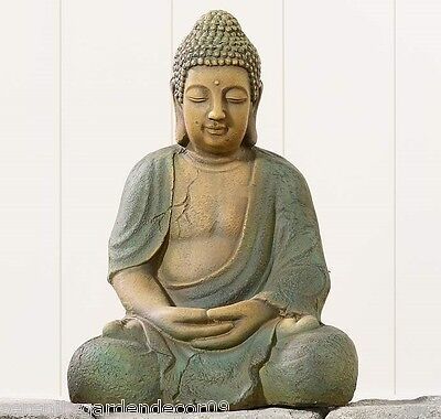 Sitting Buddha Statue Gray Verdigris Finish 16" High Garden Resin Zen Buddhism - $96.02