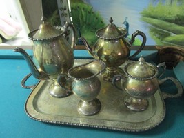 Antique Silver On Copper English Tea And Coffee Set With Tray 5 Pcs - £97.34 GBP