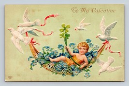 Doves Carrying Child In Net Flowers To My Valentine UNP Embossed DB Postcard O5 - £12.42 GBP