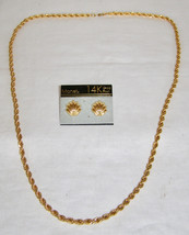 Vint. Monet GOLD-TONE 30&quot; Rope Chain+Ridge Shape Stud Earrings w/ 14K Gold Posts - £7.88 GBP